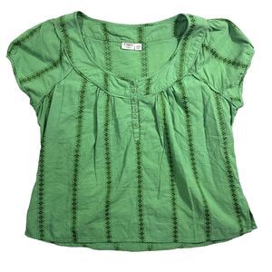 Cato Blouse Size 18/20W Green Embroidered Geometric Short Sleeve Button Up